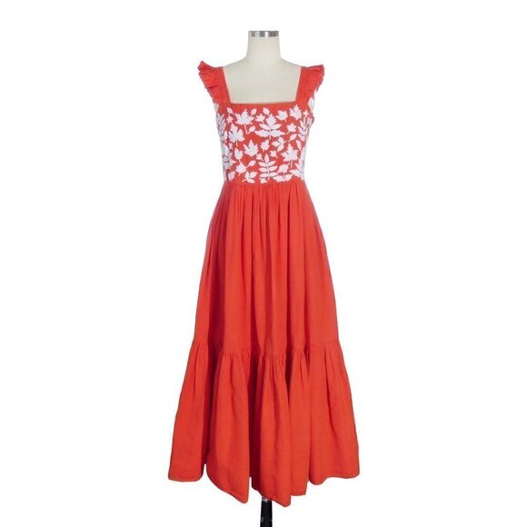Carolina K Kuna Embroidered A-Line Midi Dress Red Sz Small resort cottagecore - Picture 3 of 13